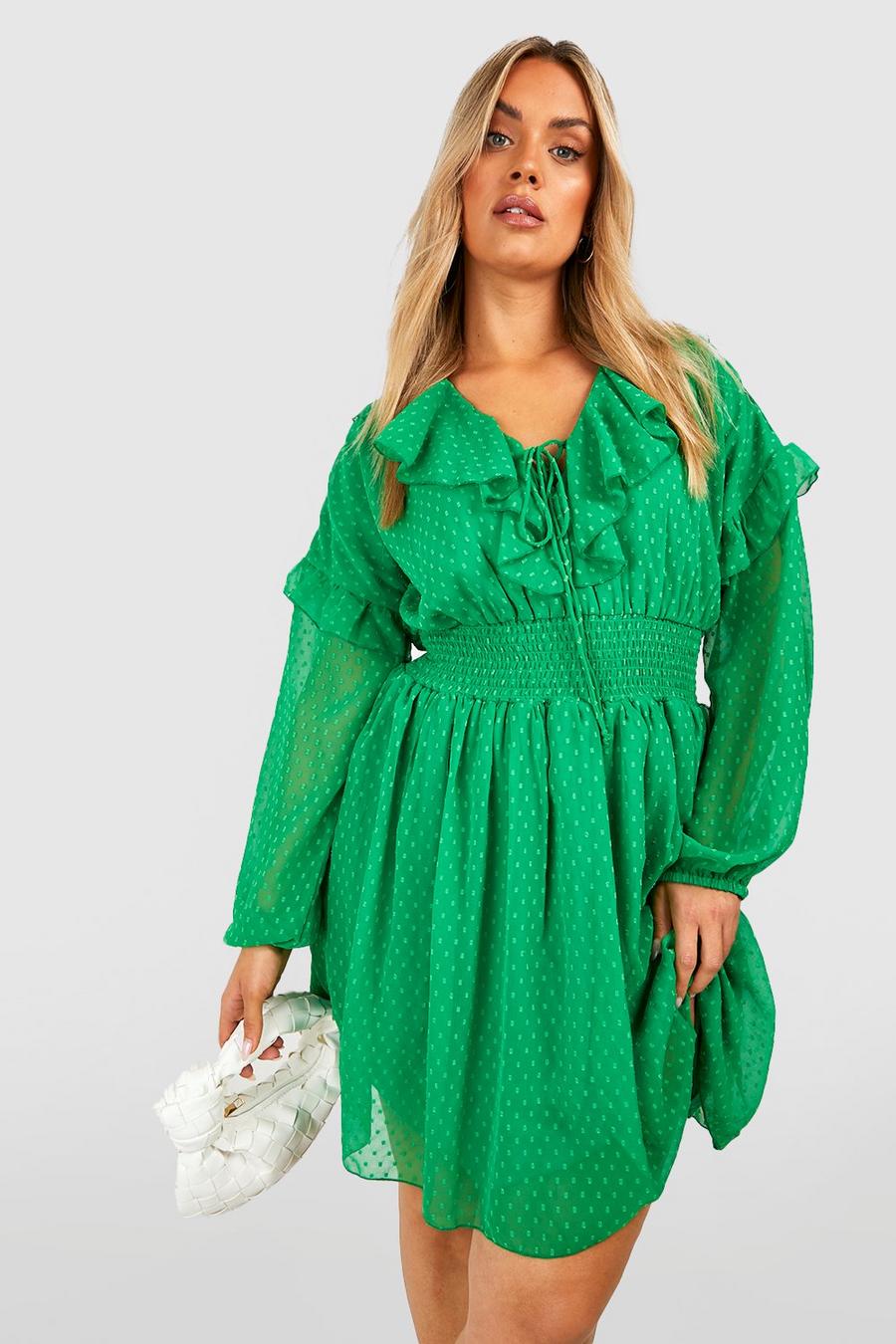 Green Plus Dobby Mesh Lace Up Ruffle Skater Dress image number 1