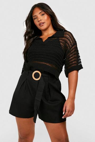 Plus Linnen Raffia Shorts Met Gesp En Geplooide Taille black