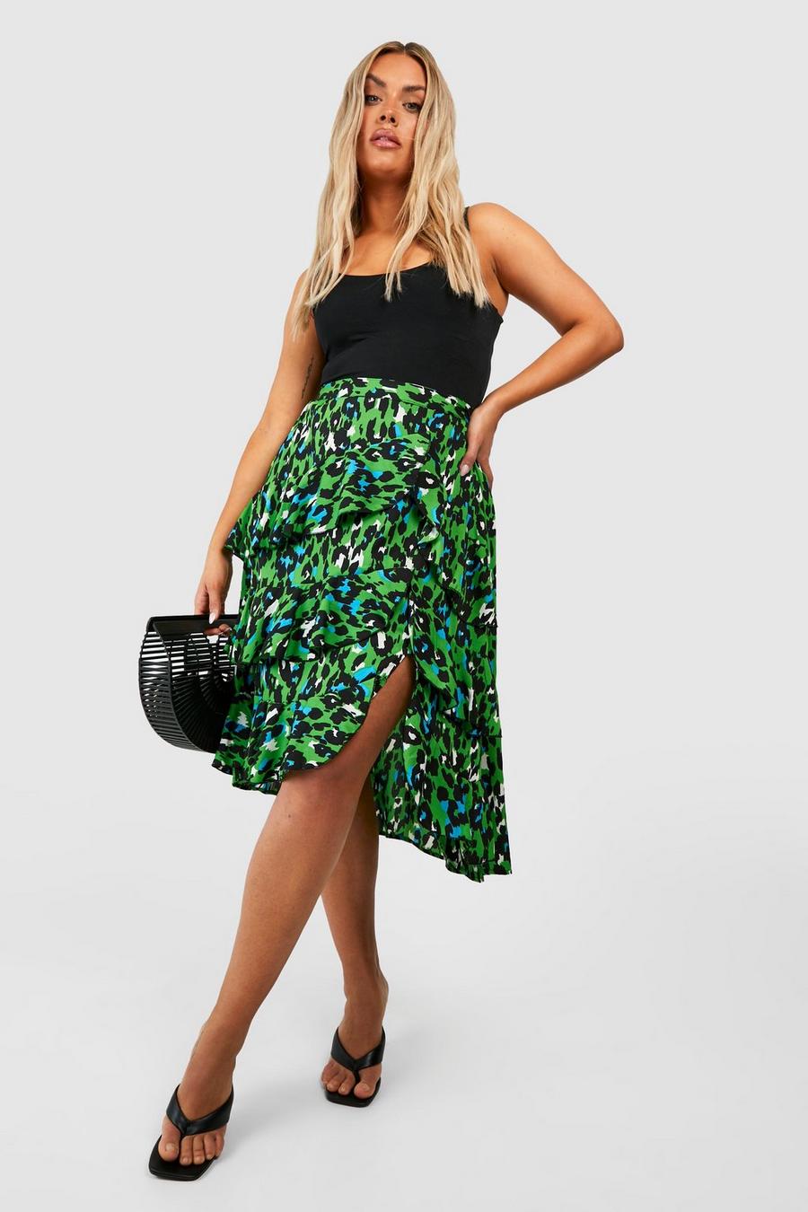 Green Plus Leopard Ruffle Midi Skirt 