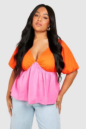 Plus Cotton Poplin Color Block Smock Top orange