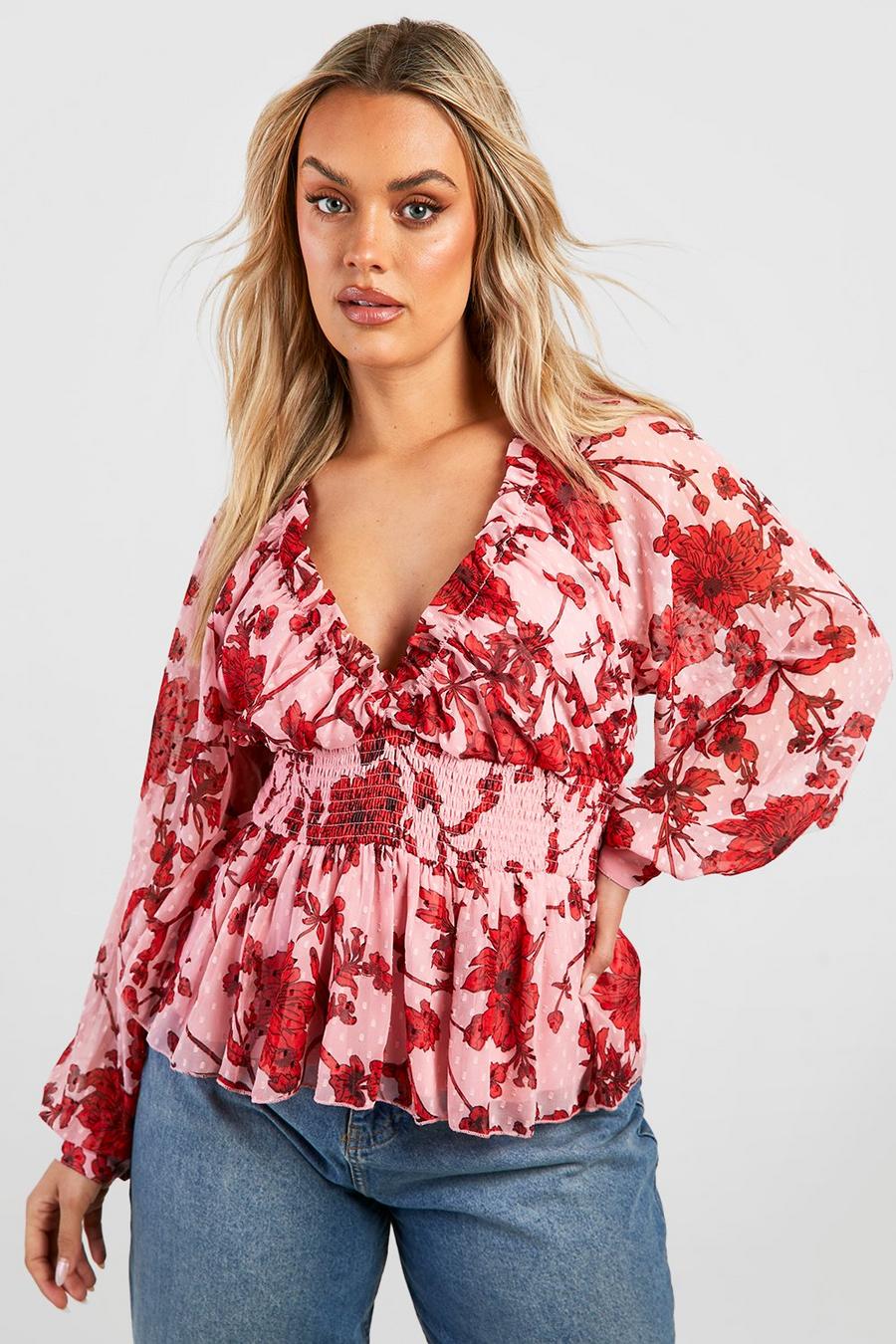 Pink rosa Plus Floral Dobby Mesh Smock Top 