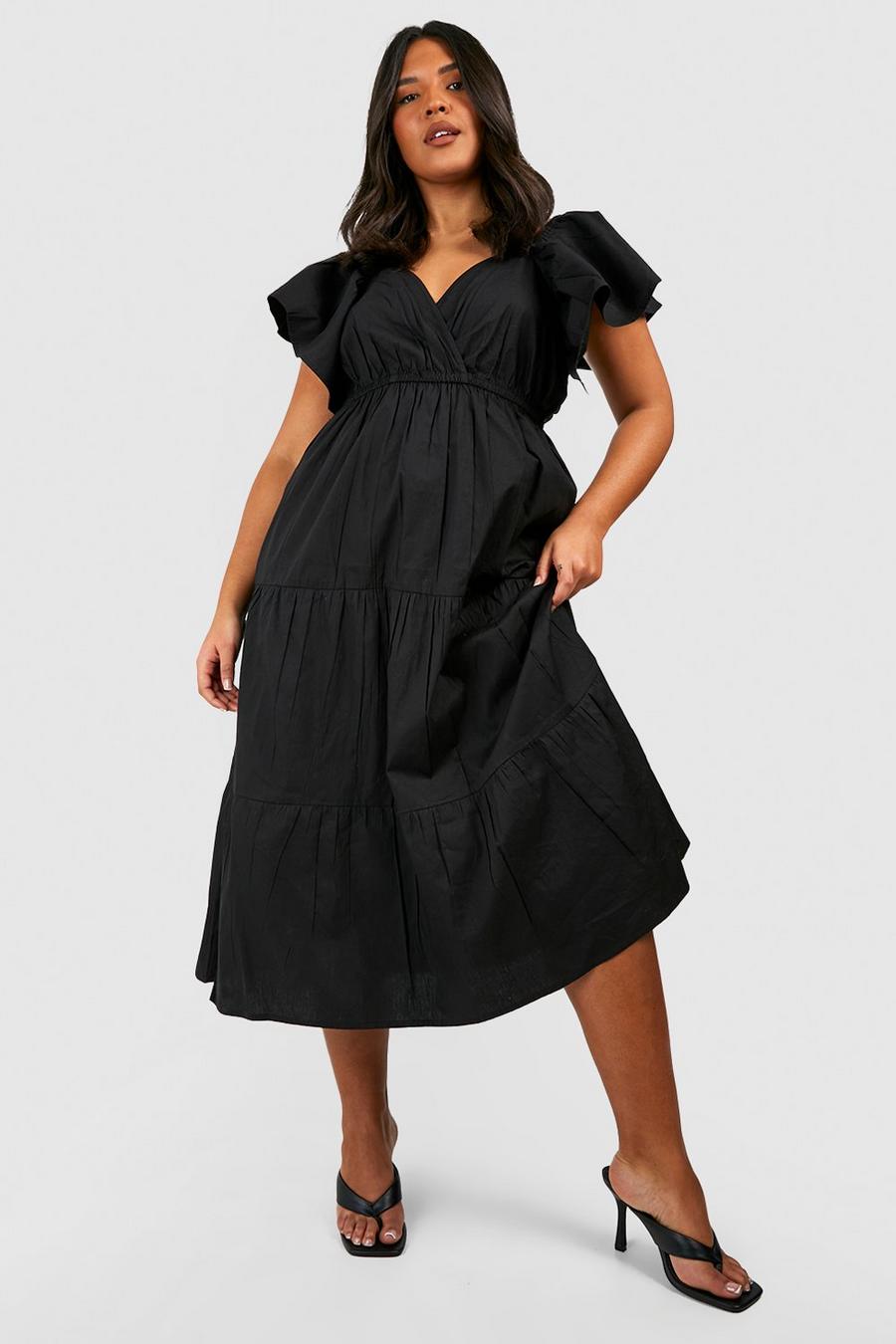 Black Plus Cotton Poplin Ruffle Angel Sleeve Midi Dress