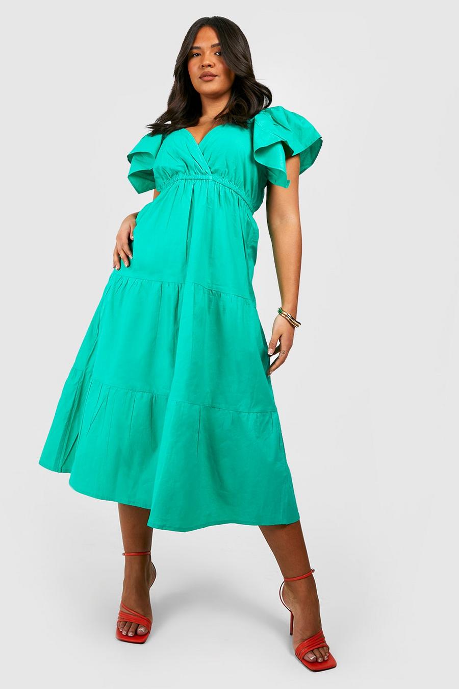 Green Plus Cotton Poplin Ruffle Angel Sleeve Midi Dress image number 1
