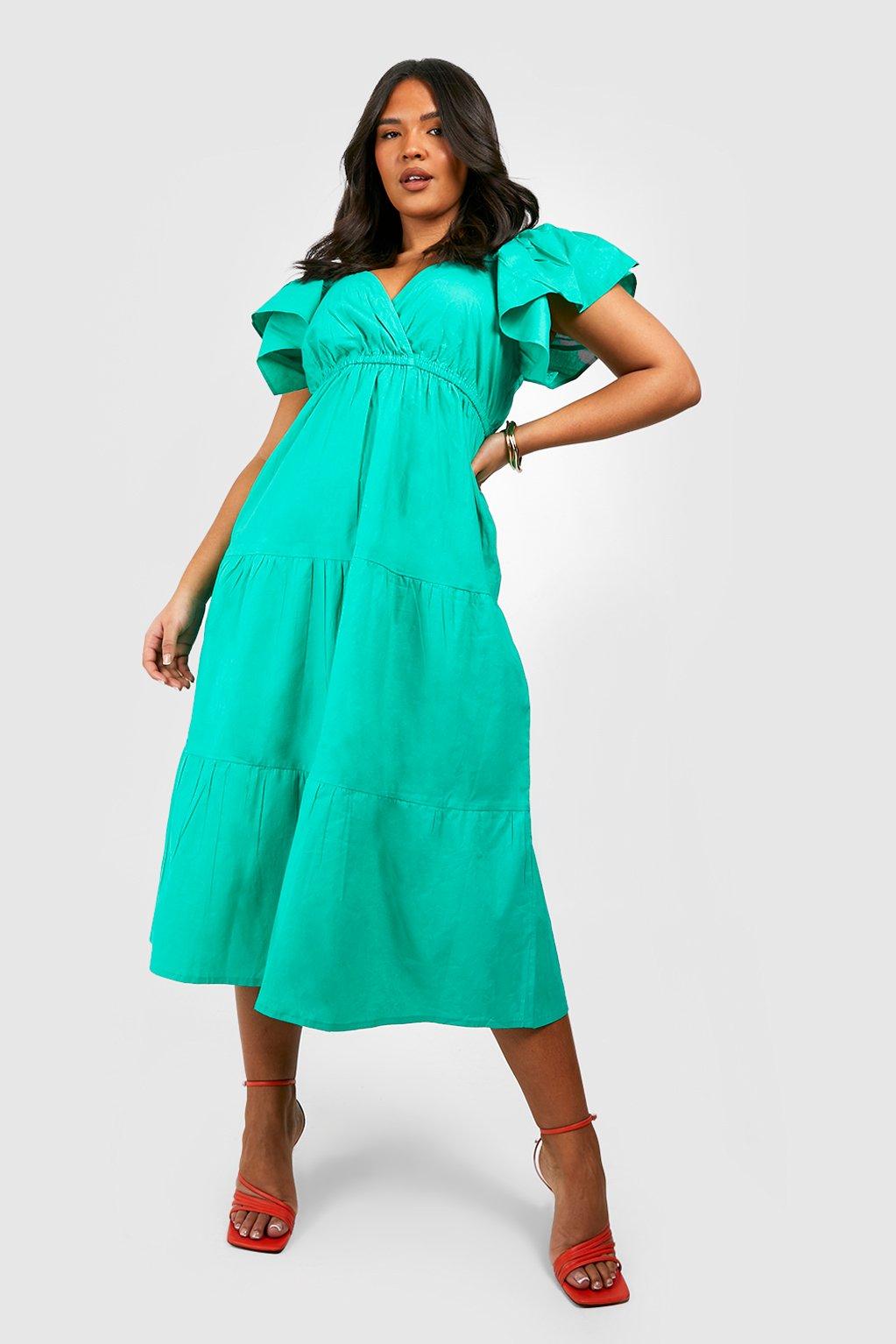 Plus Cotton Poplin Ruffle Angel Sleeve Midi Dress