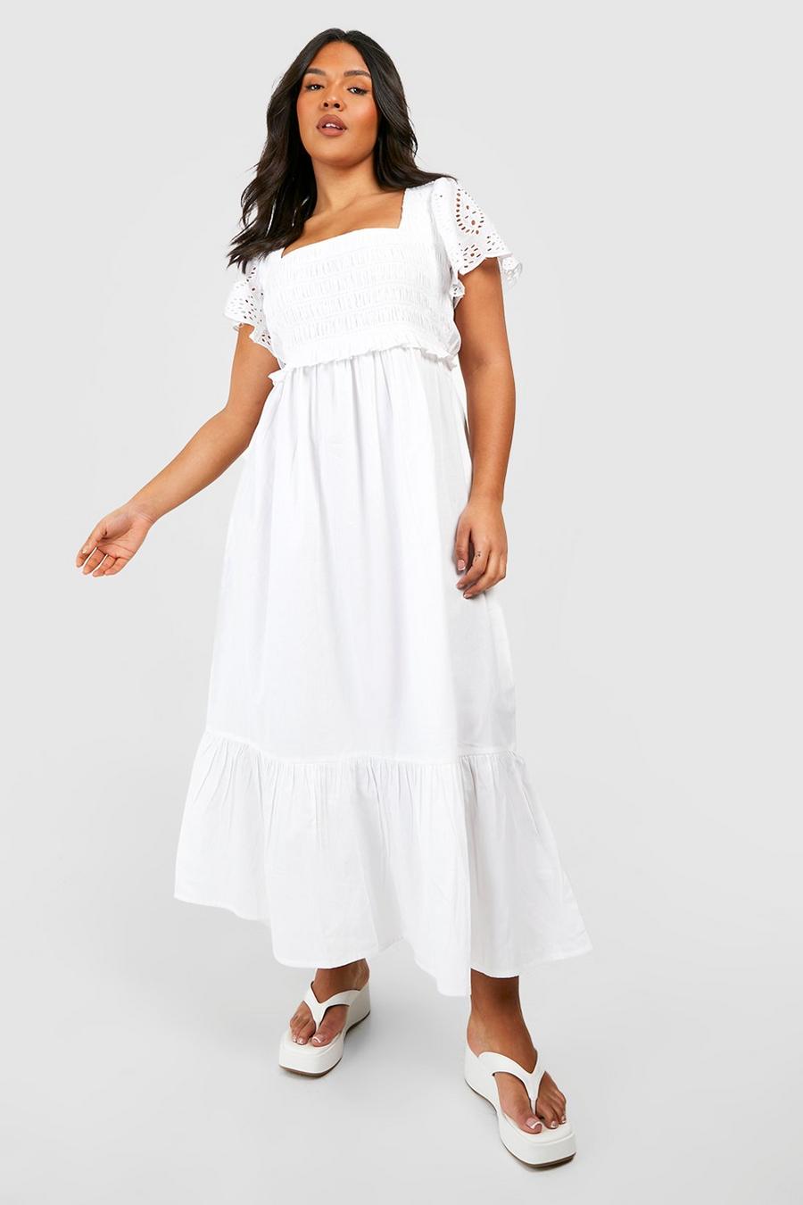 White Plus Broderie Detail Ruffle Sleeve Midaxi Dress