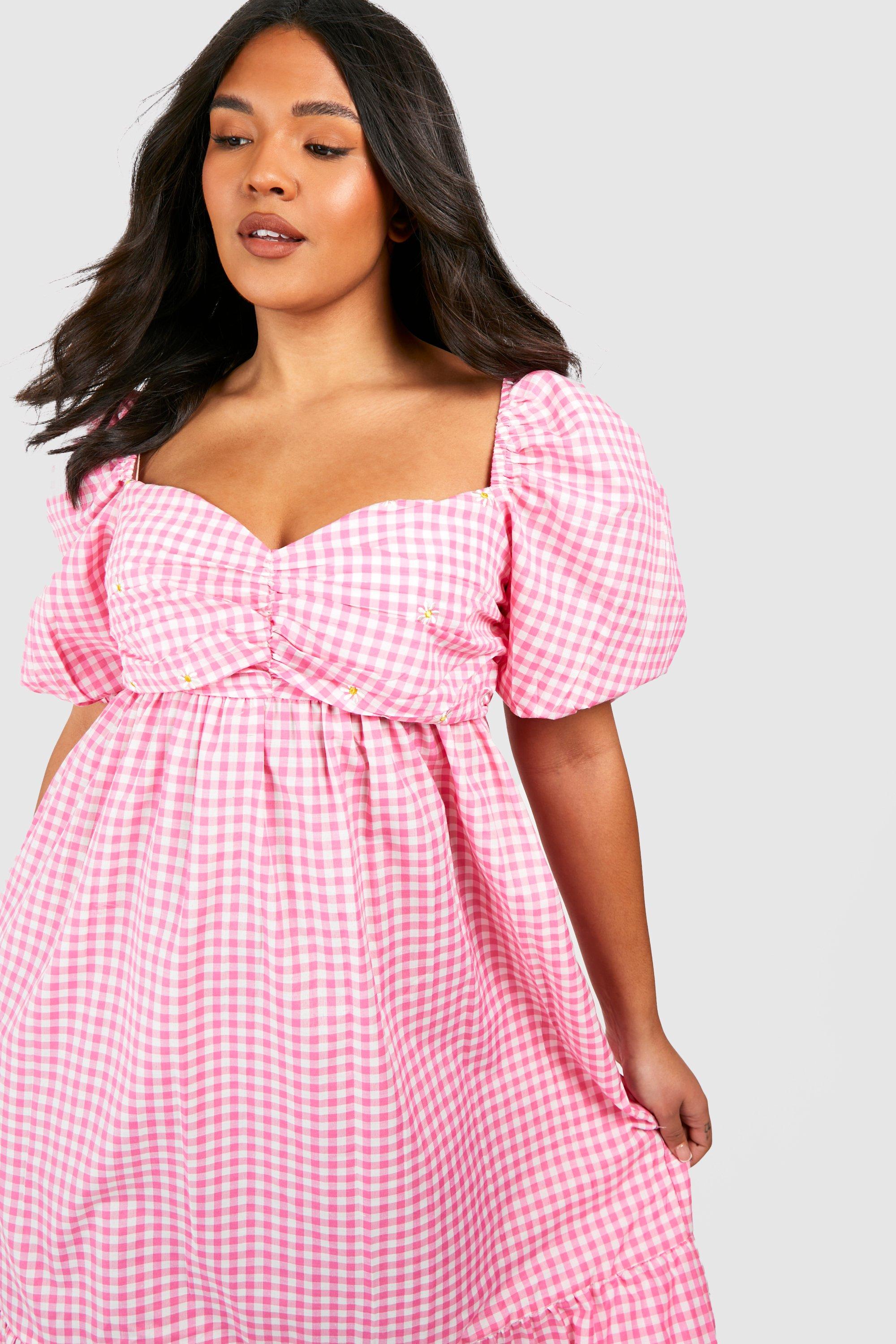 Plus Daisy Embroidered Gingham Midi Dress boohoo