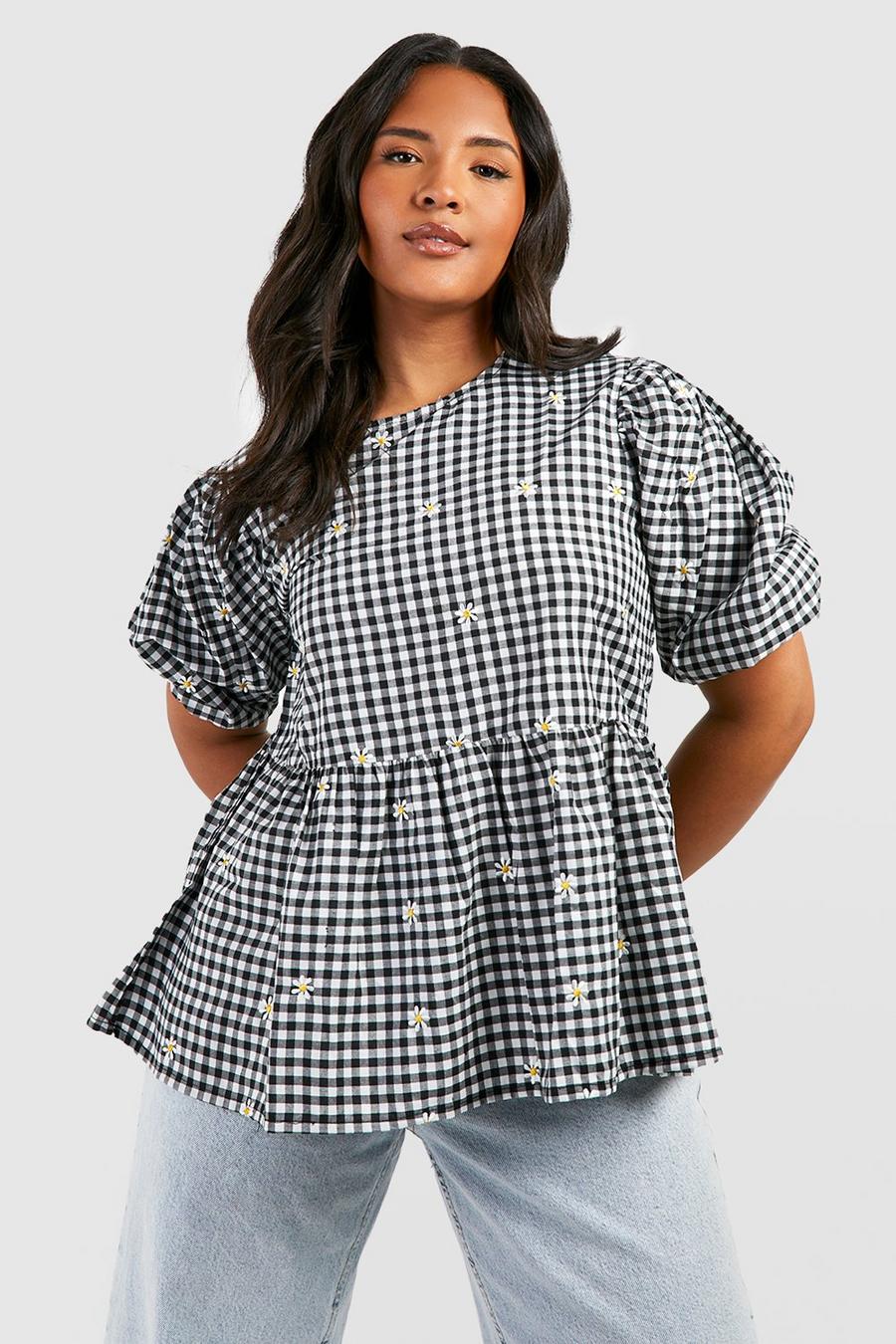 Black noir Plus Daisy Embroidered Gingham Smock Top