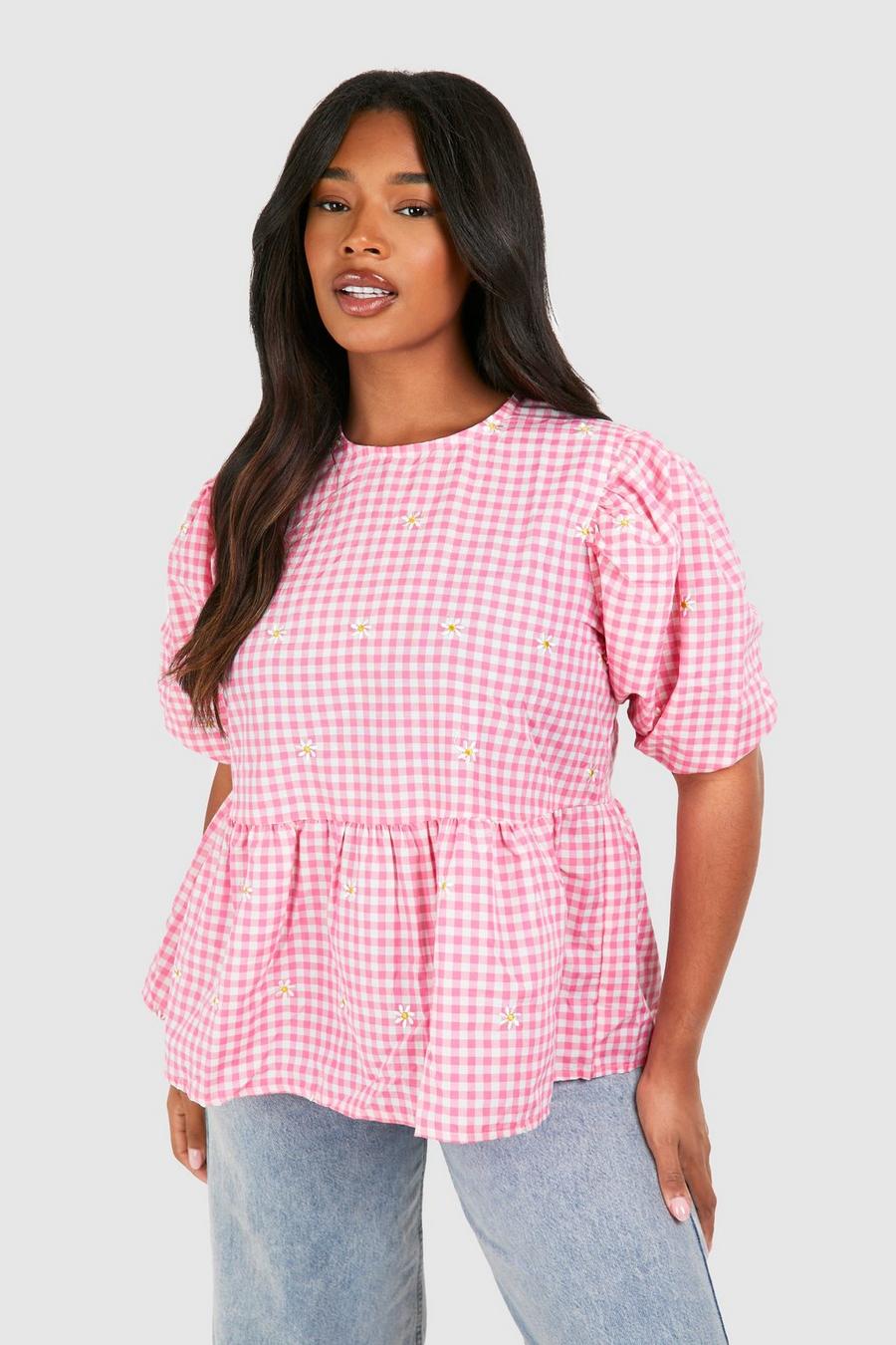 Pink Plus Daisy Embroidered Gingham Smock Top image number 1