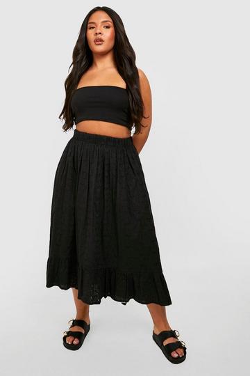 Black Plus Eyelet Dipped Hem Midi Skirt