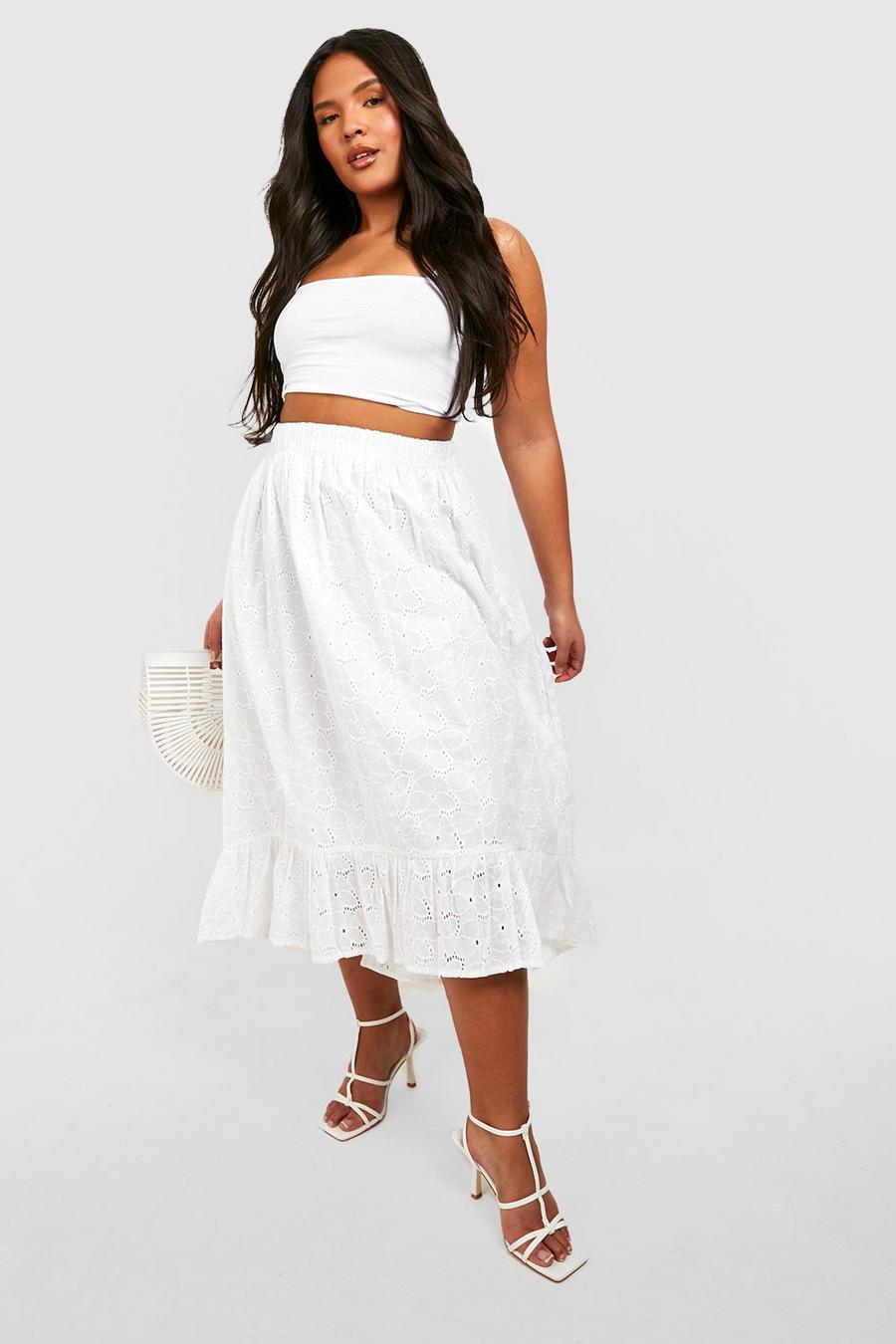 White Plus Broderie Dipped Hem Midaxi Skirt image number 1