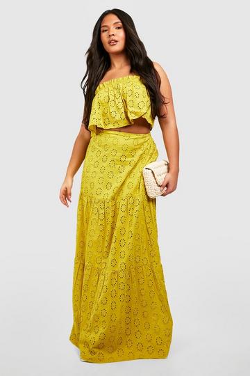 Plus Broderie Off Shoulder Top & Maxi Skirt Co Ord lime