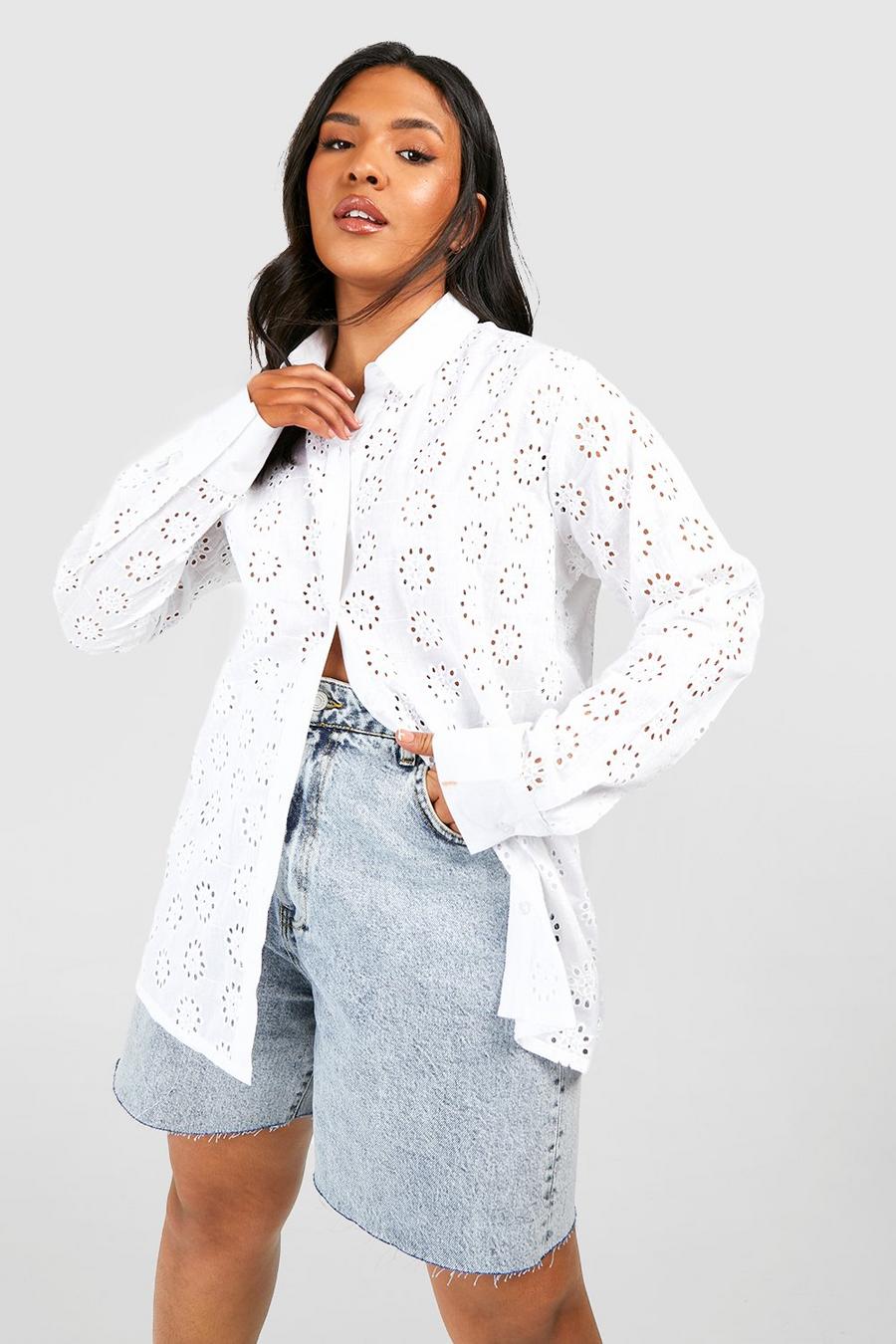 White Plus Oversized Broderie Shirt image number 1