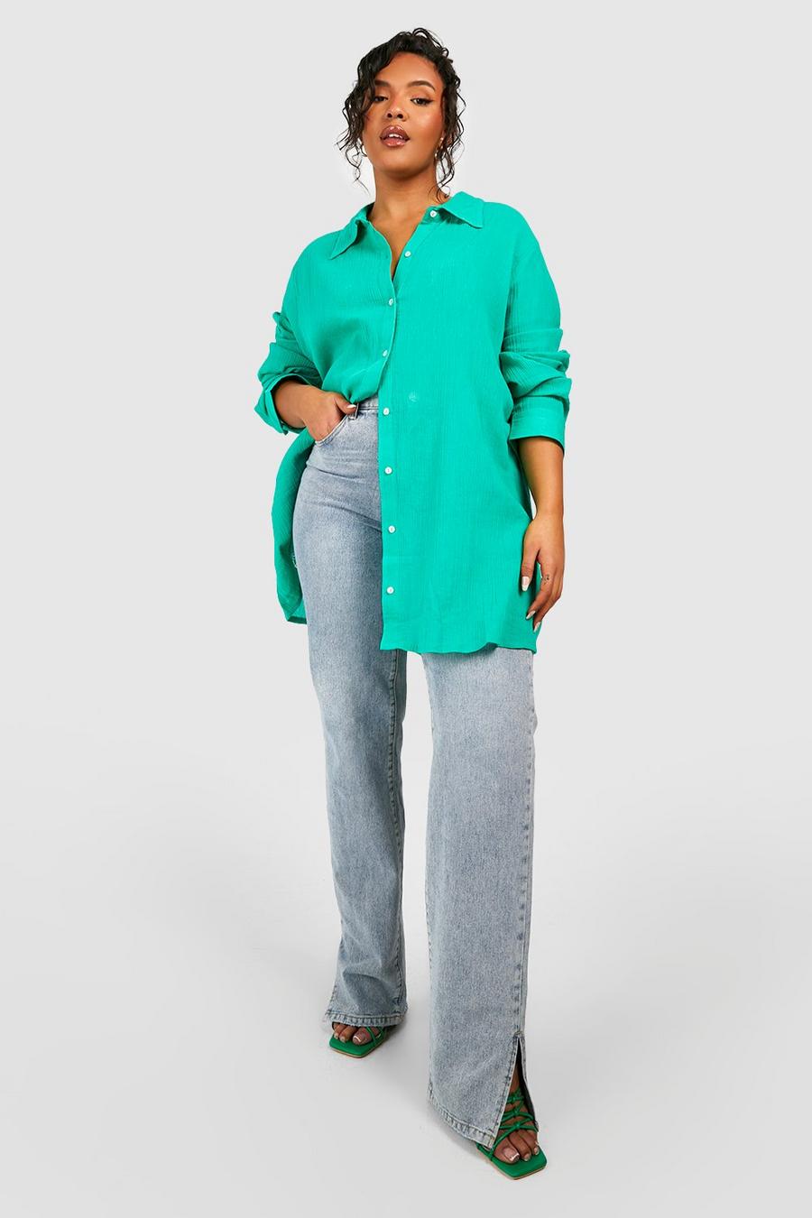 Camicia Plus Size oversize effetto crespo, Green