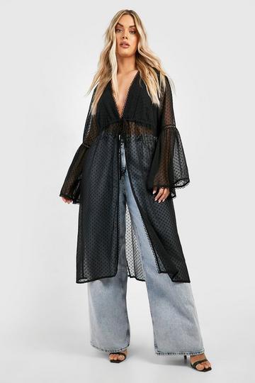 Plus Dobby Mesh Tie Front Midi Kimono black