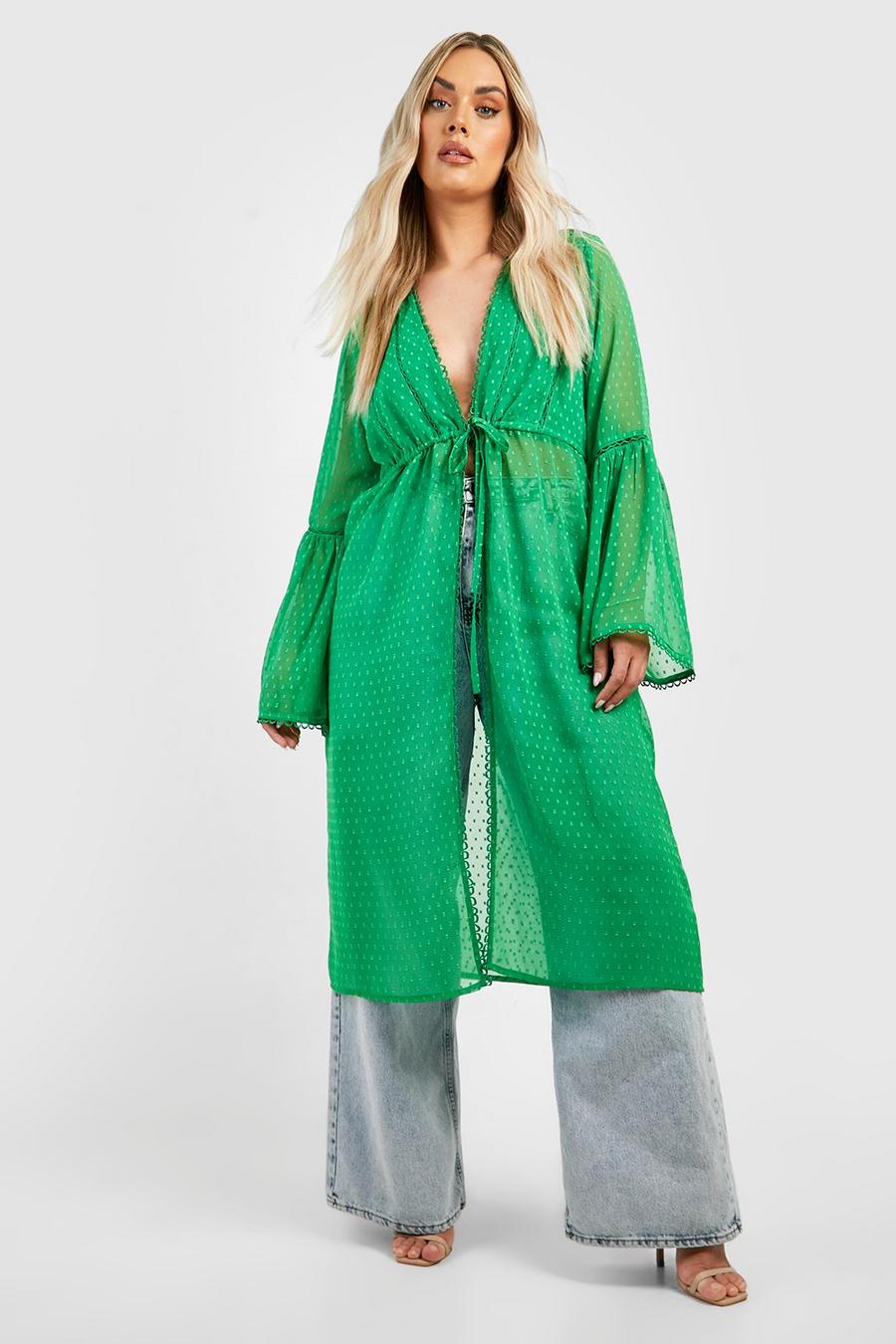 Kimono midi Plus Size in rete plumetis con laccetti frontali, Green image number 1