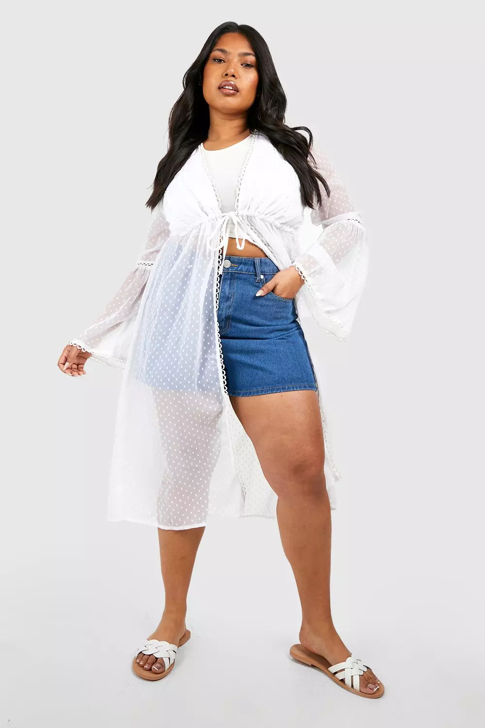 White Plus Dobby Mesh Tie Front Midi Kimono alternative image