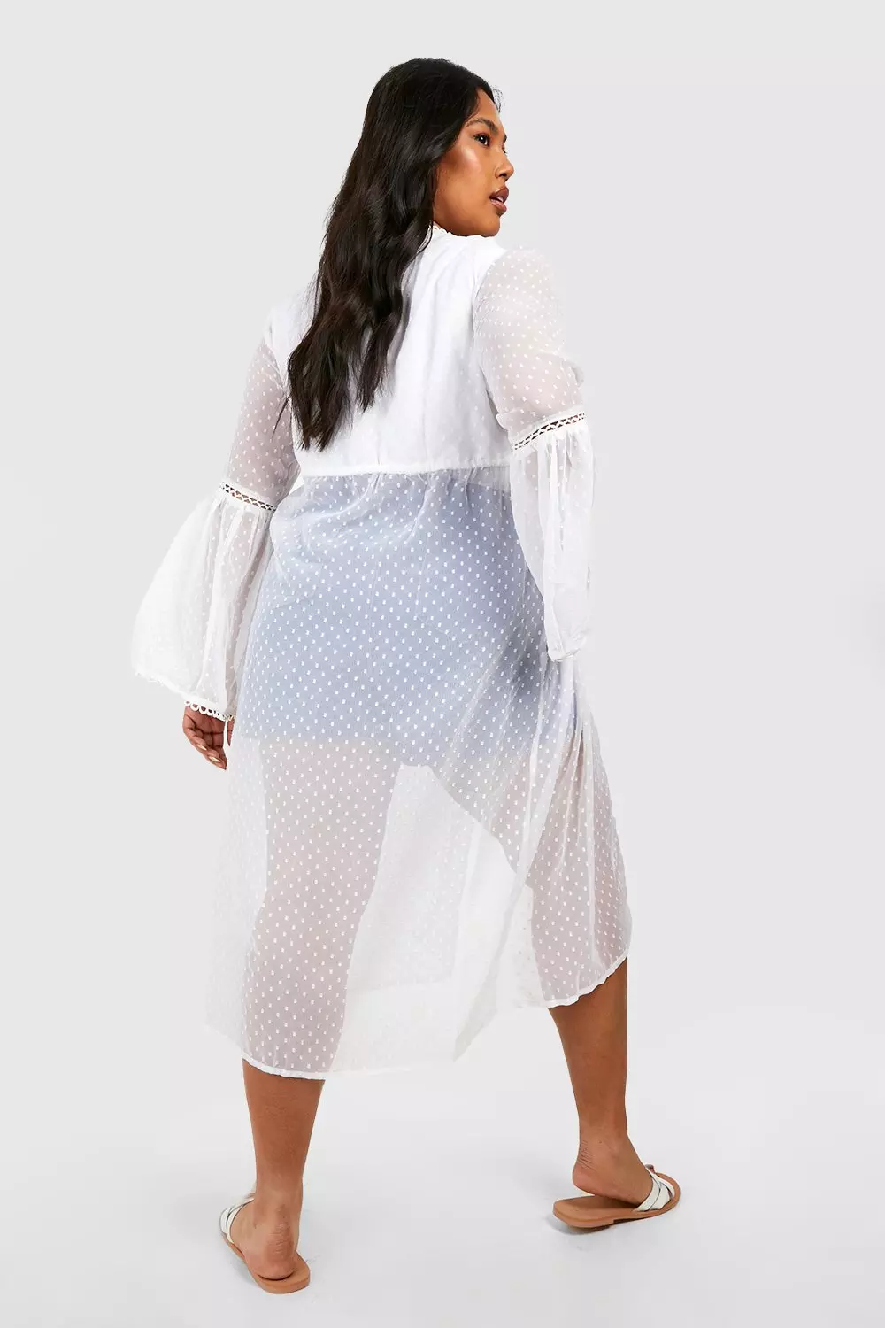 White Plus Dobby Mesh Tie Front Midi Kimono alternative image