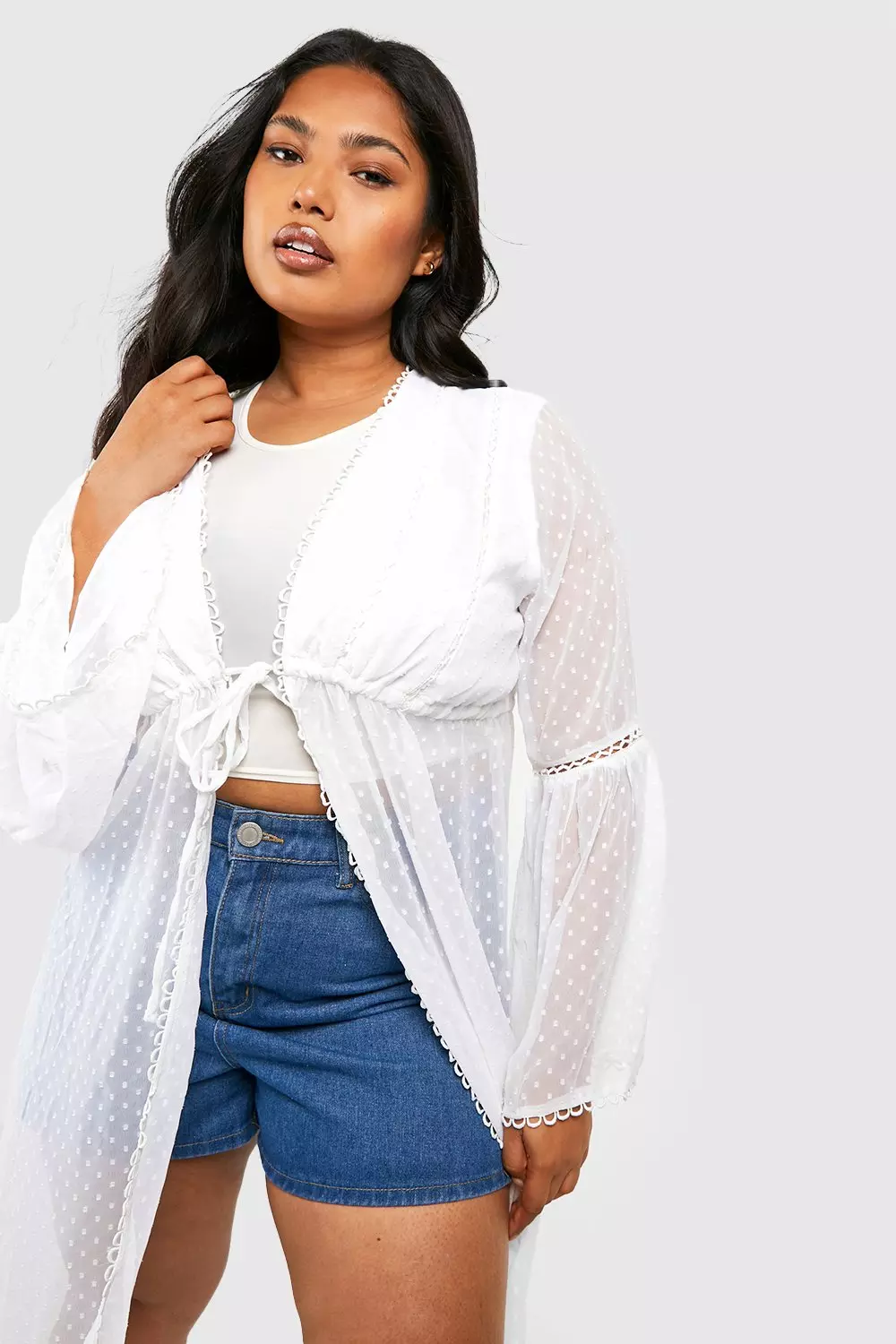 White Plus Dobby Mesh Tie Front Midi Kimono alternative image