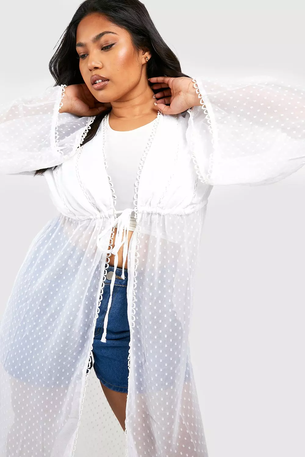 White Plus Dobby Mesh Tie Front Midi Kimono alternative image