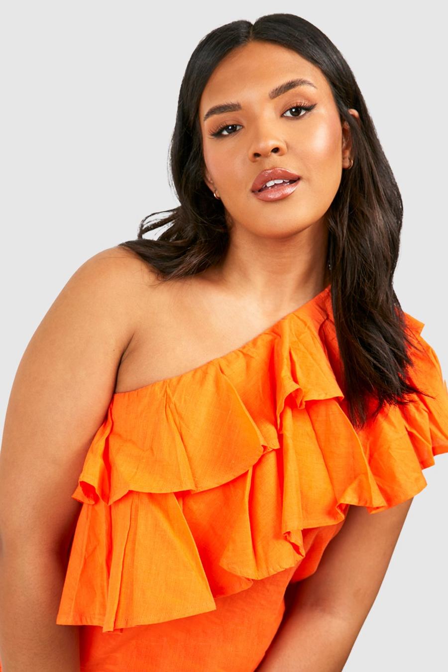 Orange Plus One shoulder-topp med volanger image number 1