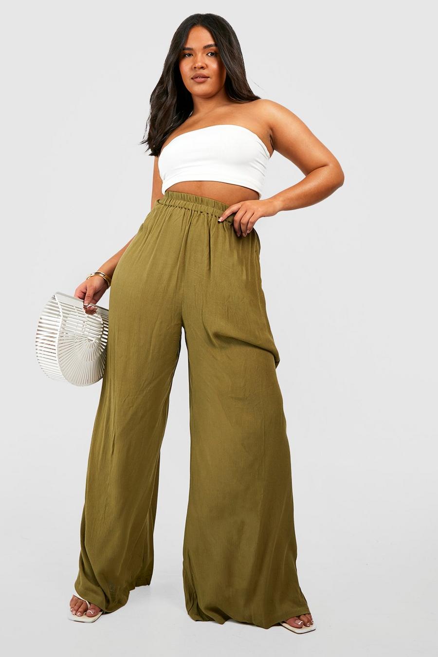 Khaki Plus Wide Leg Cheesecloth Trousers  image number 1