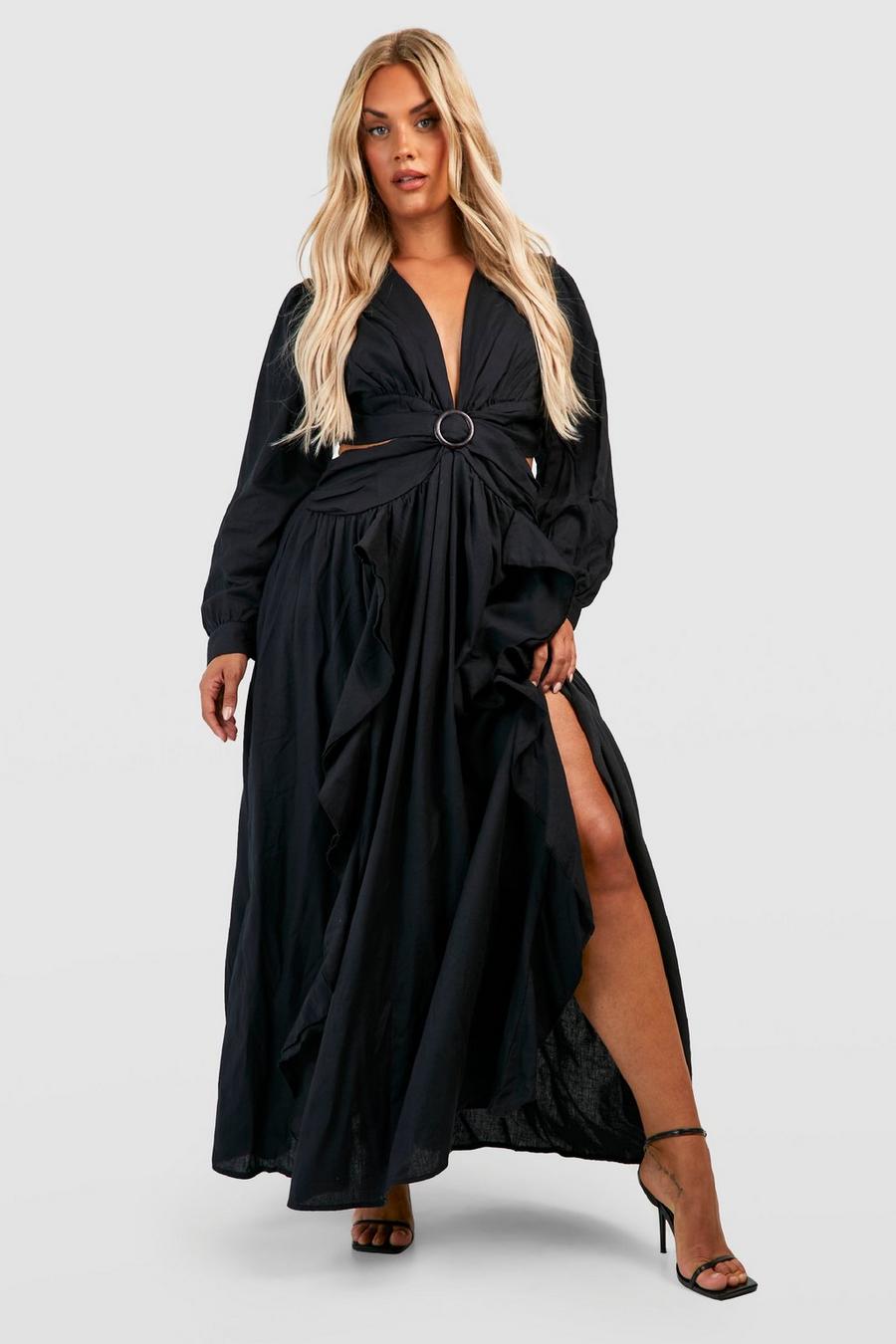 Vestito maxi Plus Size in lino con arricciature e cut-out, Black negro image number 1