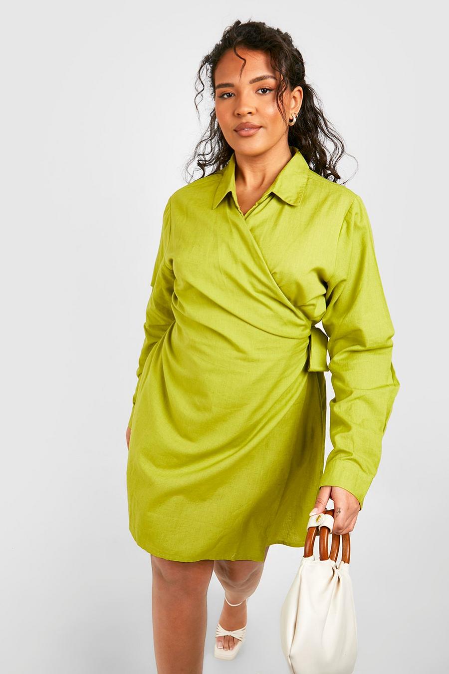 Olive verde Plus Linen Wrap Shirt Dress