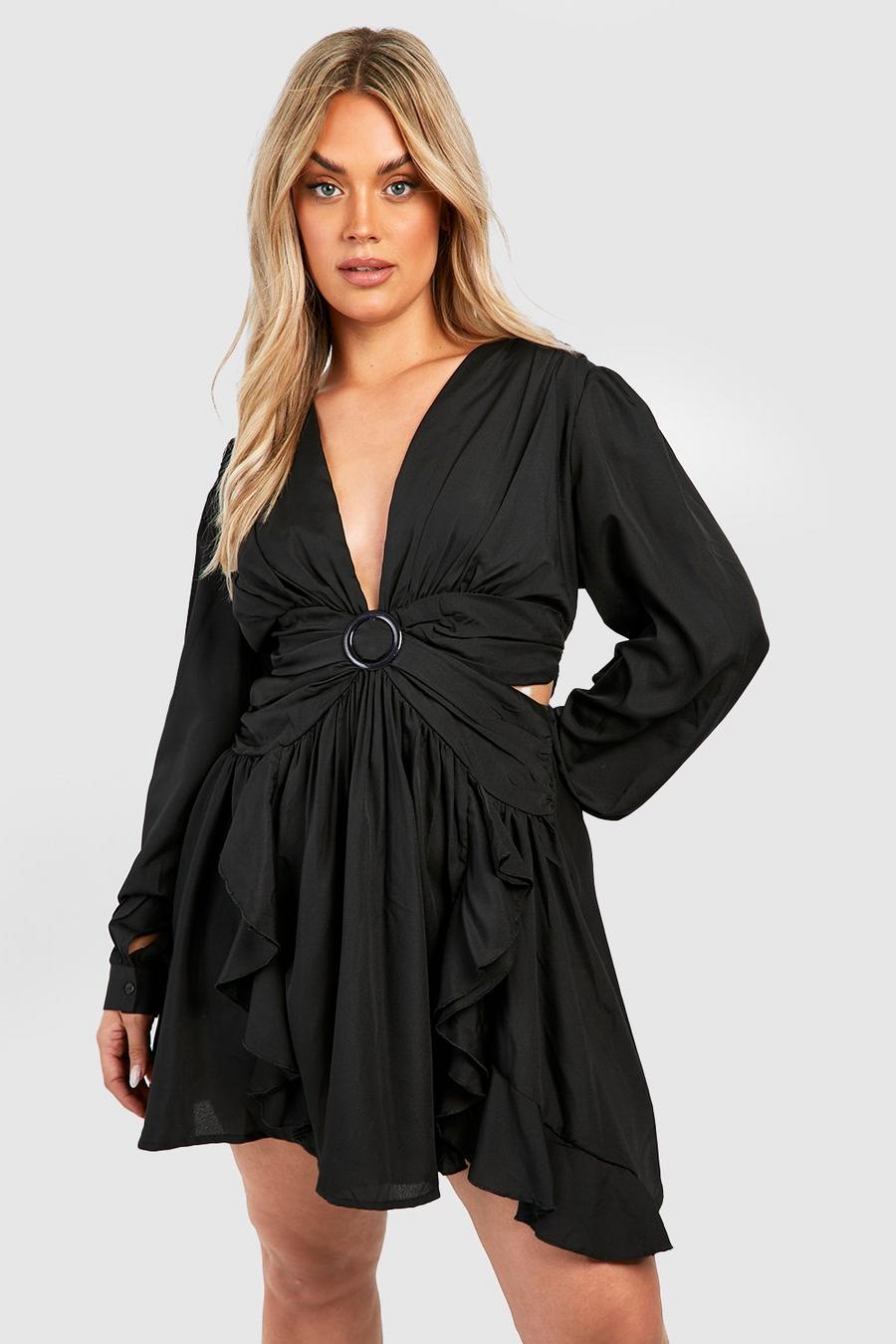 Black Plus Wrap Cut Out Ruffle Skater Dress POCKETS image number 1