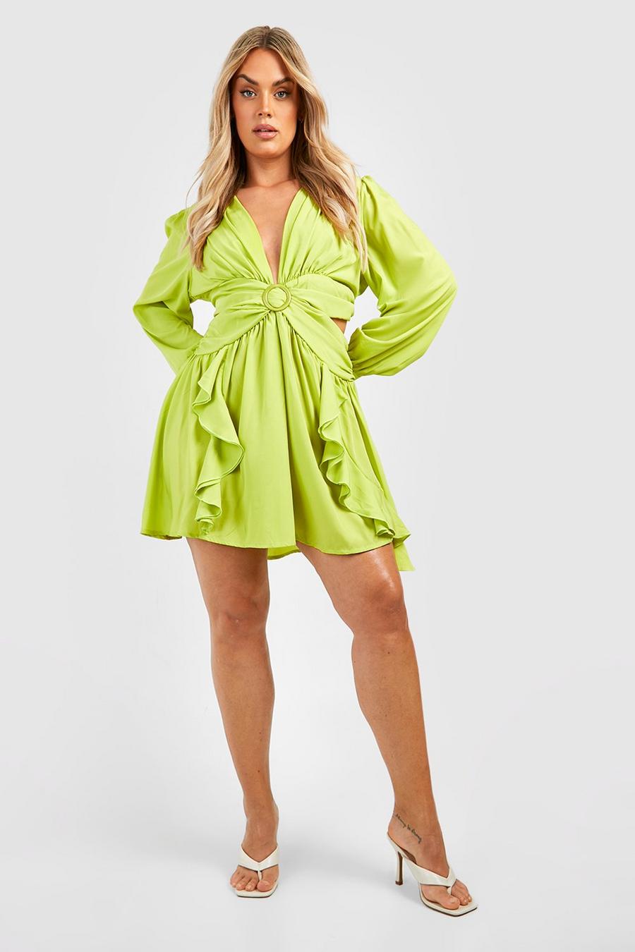 Chartreuse Plus Wikkel Cut Out Skater Jurk Met Ruches image number 1