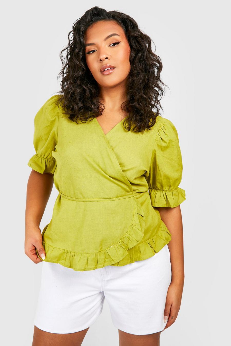 Olive green Plus Linen Ruffle Wrap Blouse image number 1