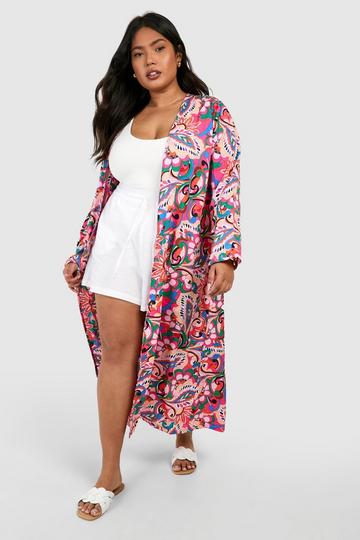 Plus Floral Abstract Longline Kimono purple