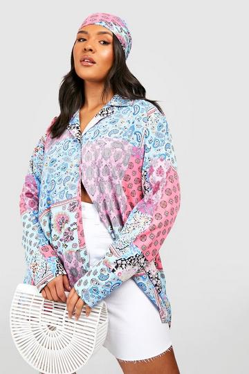 Plus Oversized Paisley Blouse En Hoofdsjaal blue