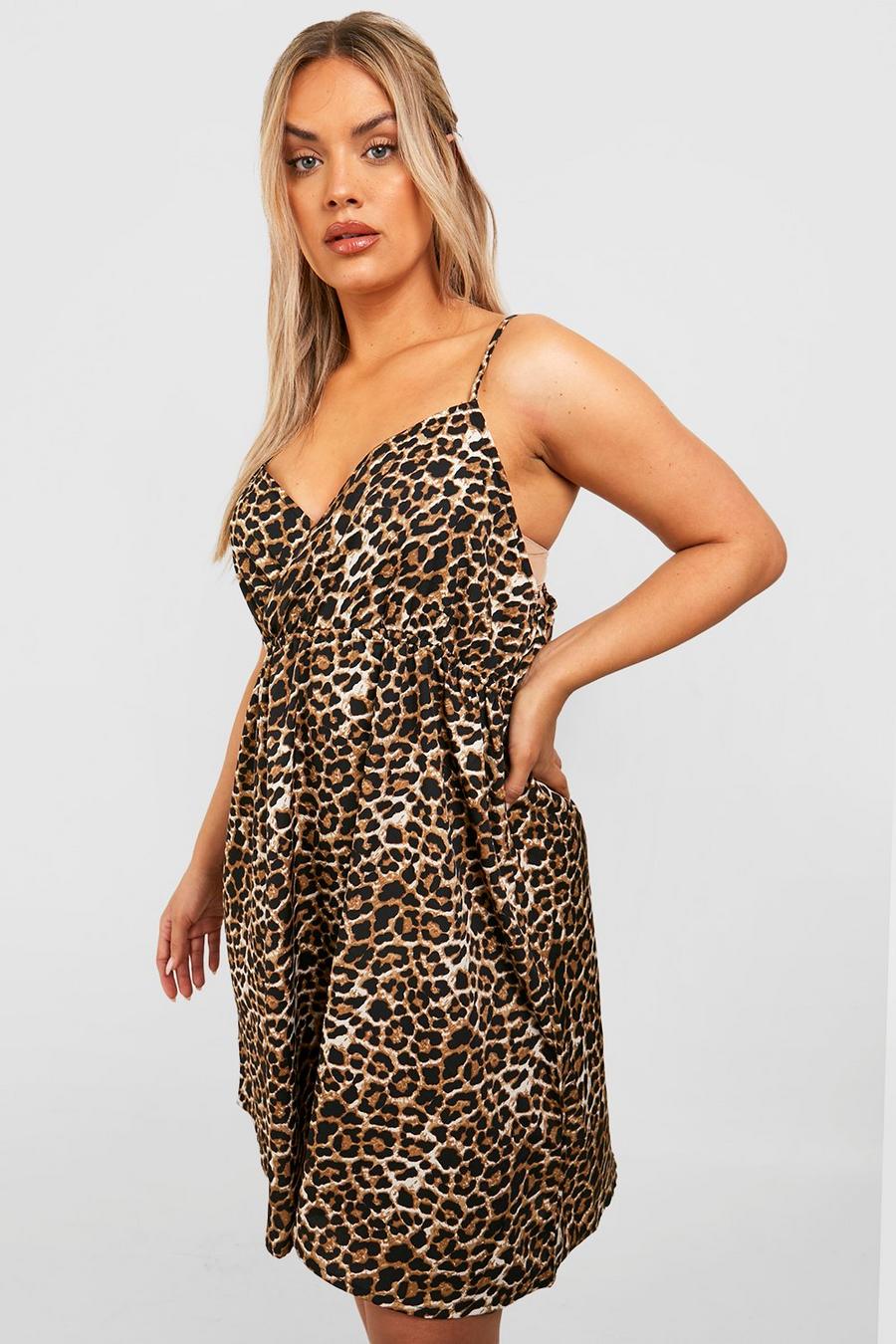 Vestido de verano Plus de tirantes con estampado de leopardo, Leopard image number 1