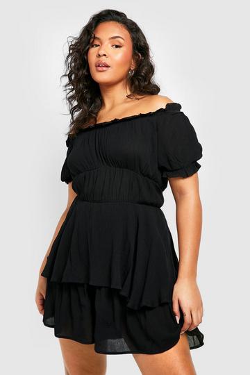 Plus Off Shoulder Playsuit Met Ruches black