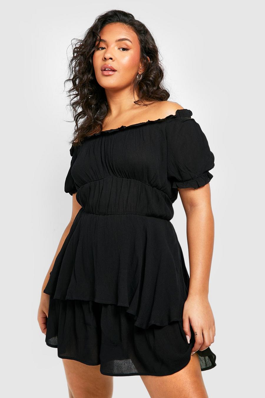 Black Plus Cheesecloth Off The Shoulder Ruffle Romper image number 1