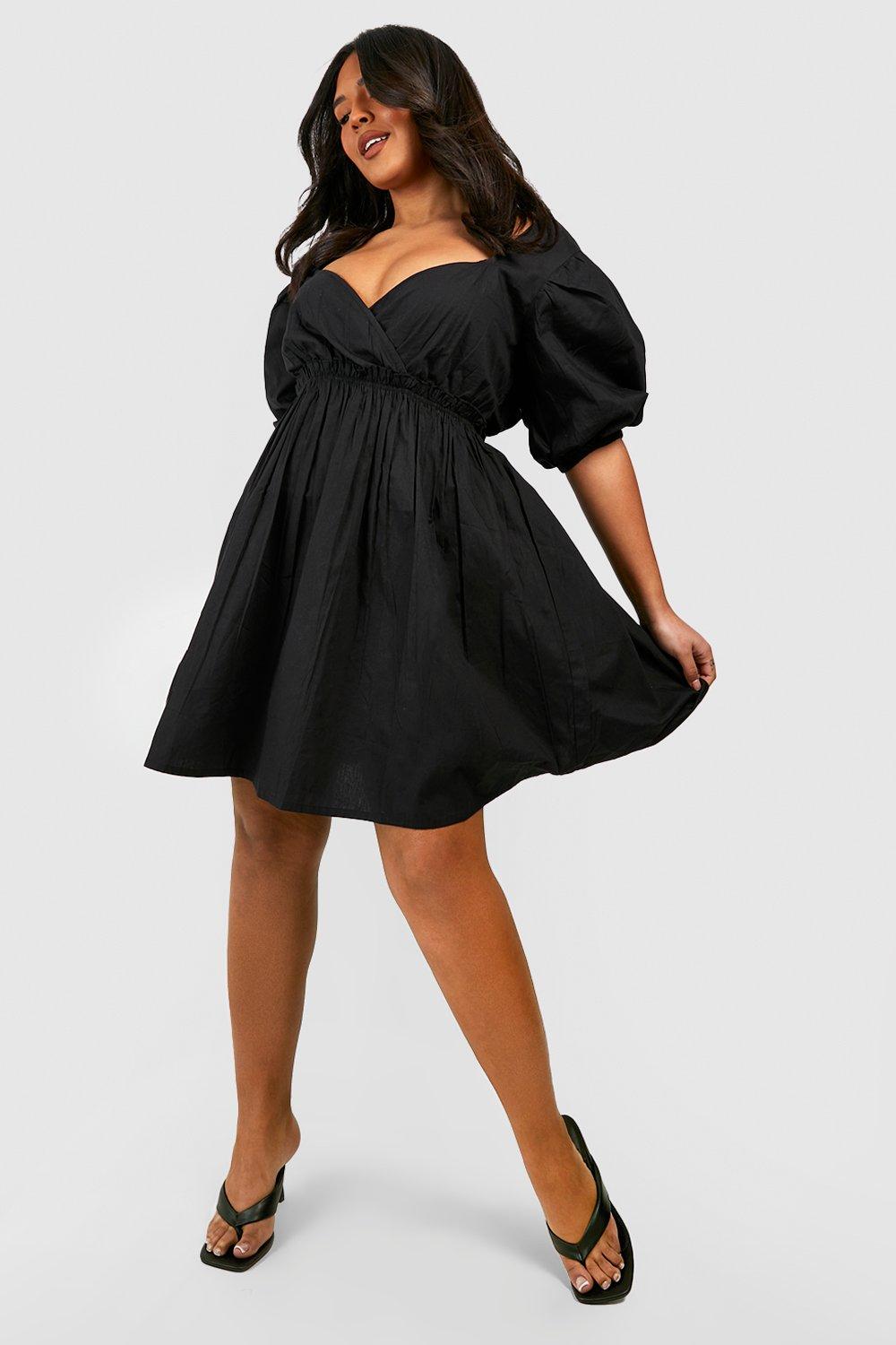 Plus Poplin Puff Sleeve V Neck Smock Dress