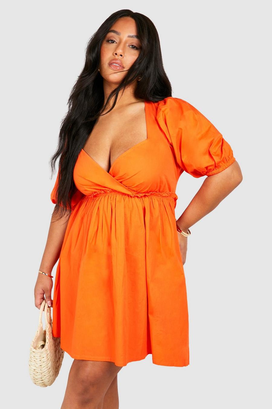 Orange Plus Poplin Puff Sleeve V Neck Smock Dress
