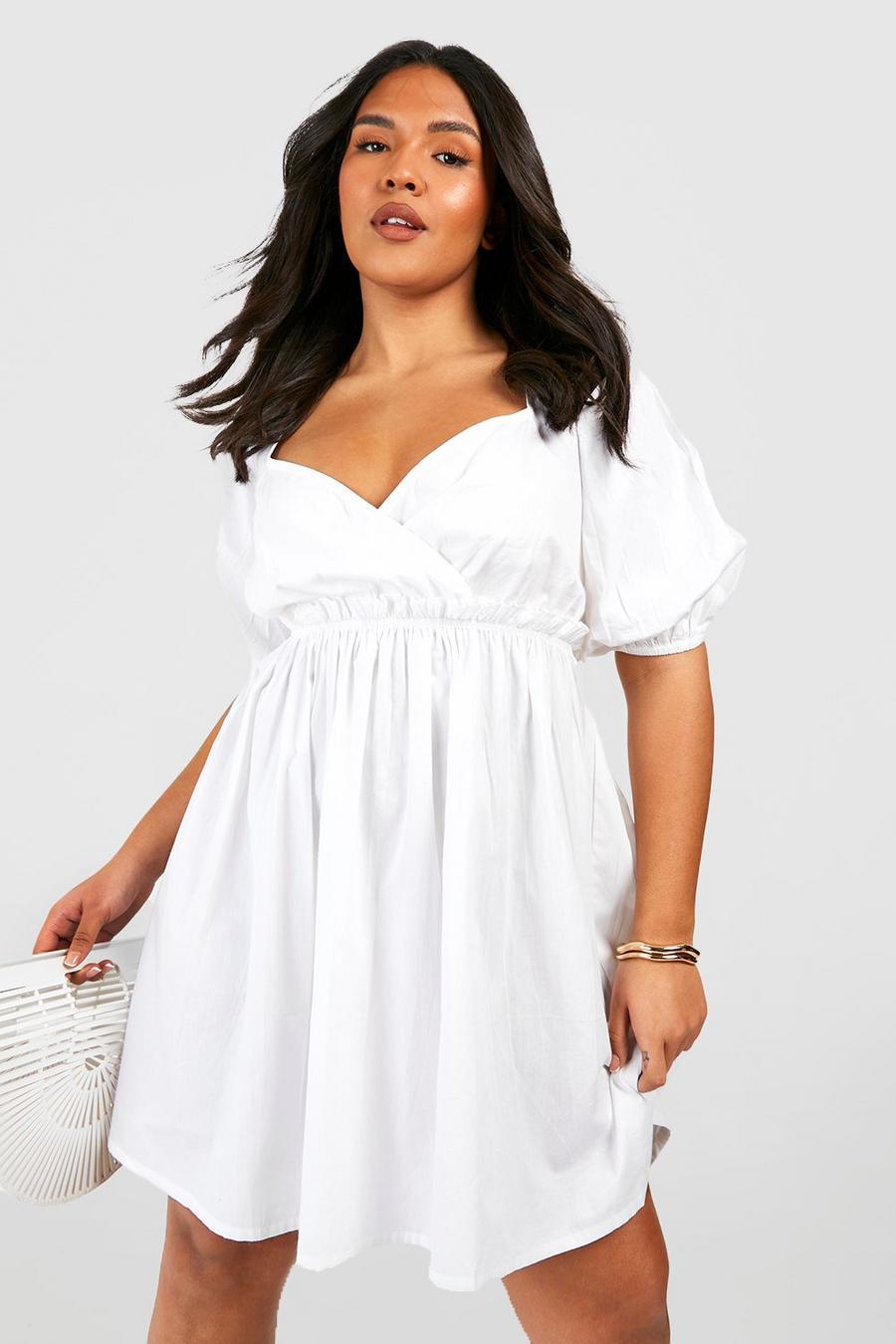 Grande taille - Robe babydoll en popeline à manches bouffantes, White image number 1