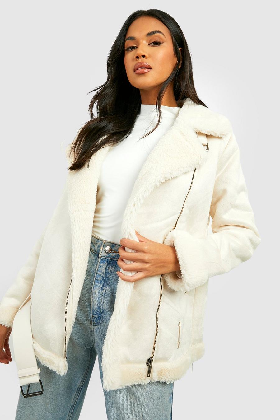Stone beige Oversized Belted Faux Suede Aviator Jacket image number 1