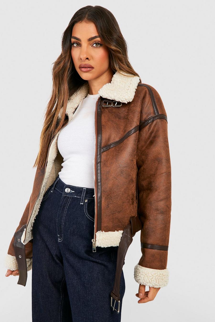 Brown Faux Leather Aviator Jacket image number 1