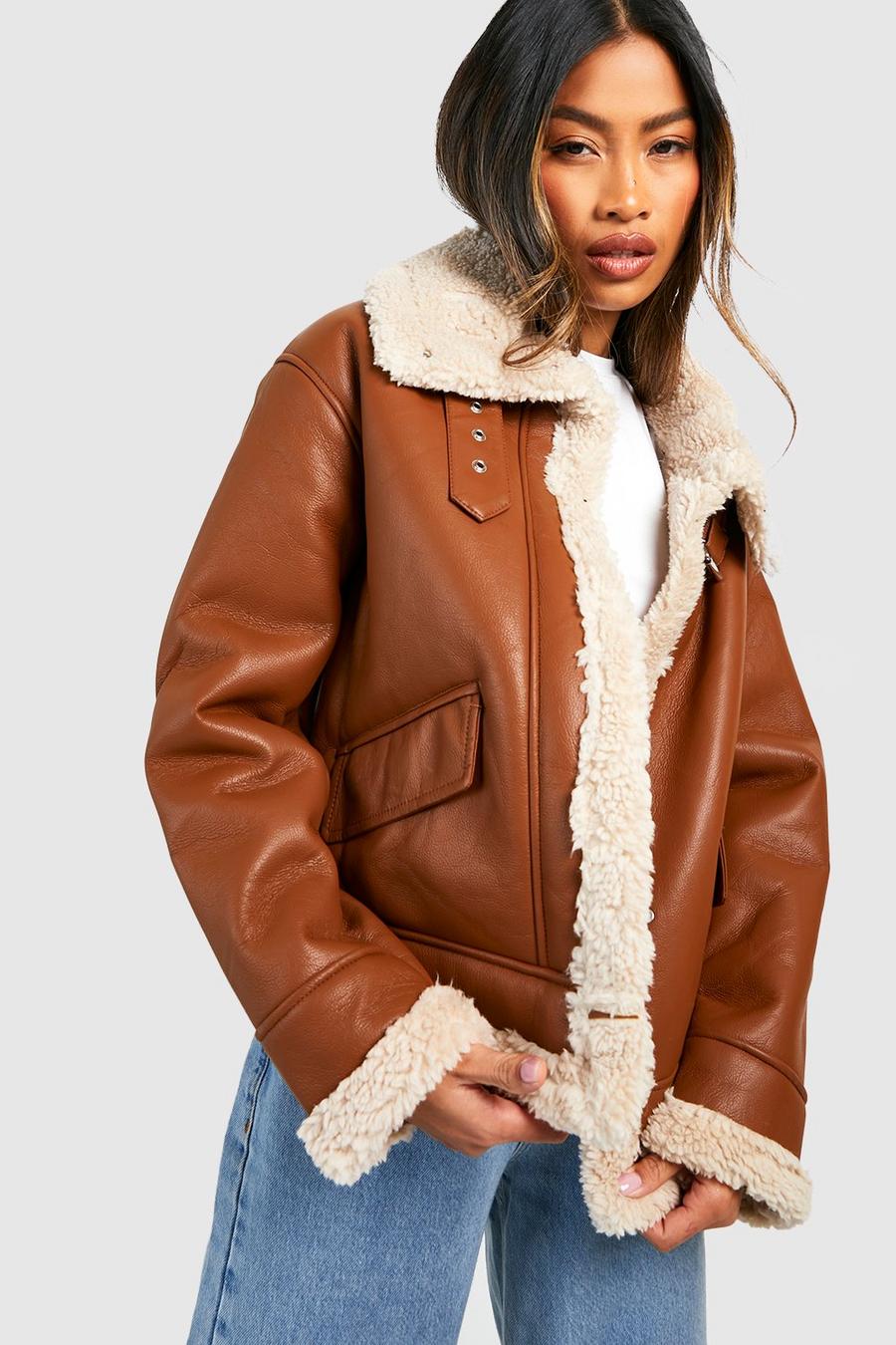 Brown Faux Leather Aviator Jacket  image number 1