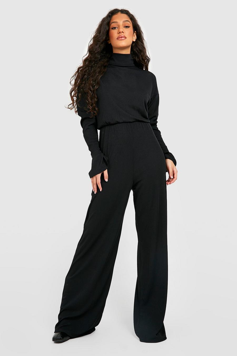 Black Basic Ribbad jumpsuit med polokrage och vida ben