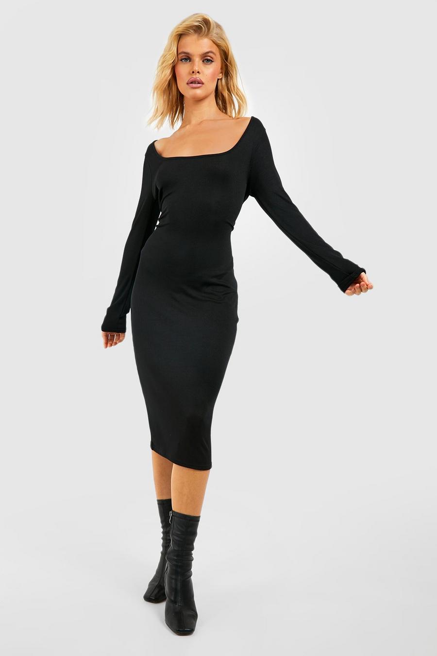 Black Basic Rib Scoop Neck Midi Dress image number 1