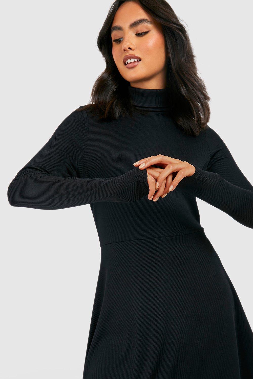 Basic Rib Roll Neck Skater Dress boohoo UK
