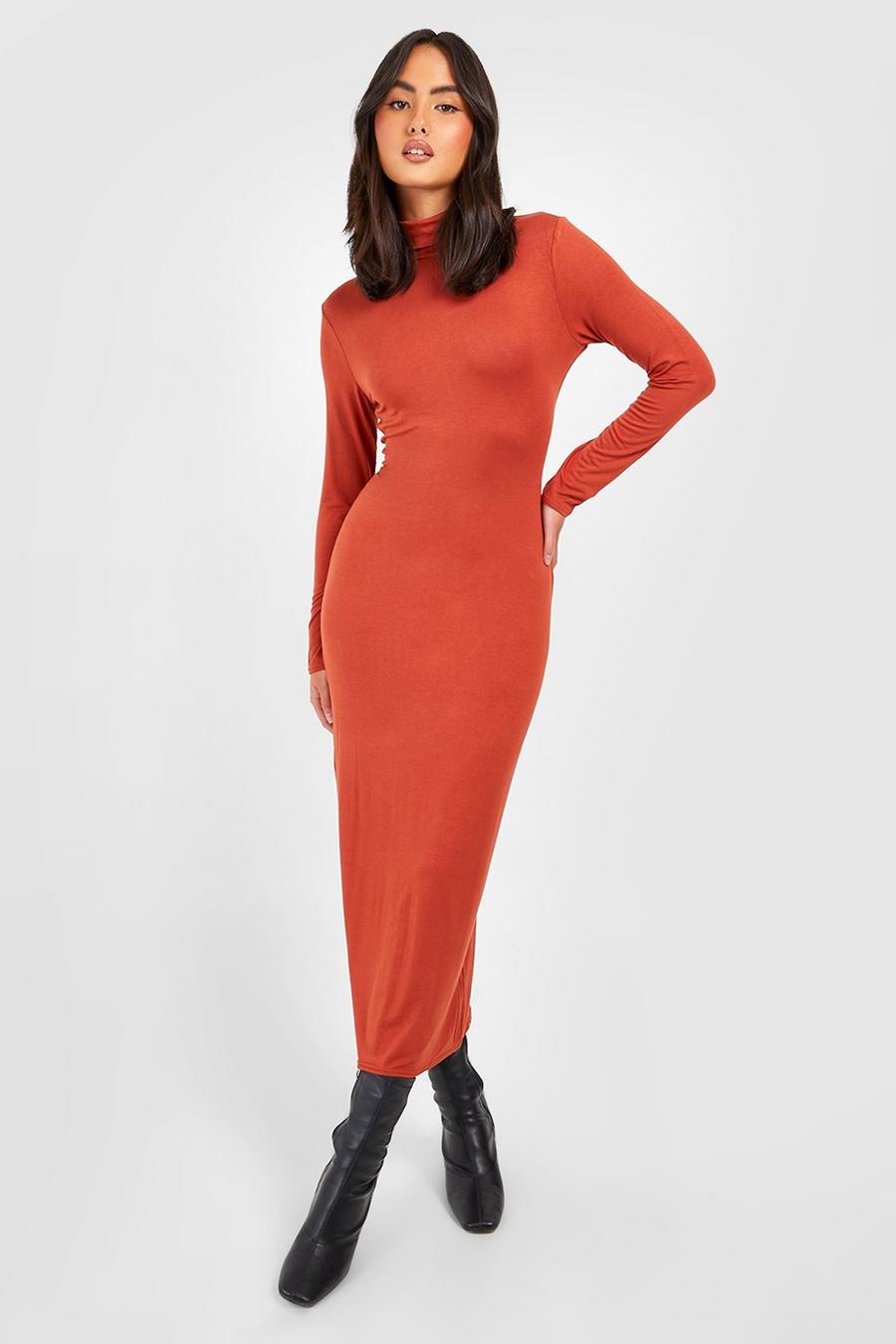 Rust Roll Neck Long Sleeve Midaxi Dress  image number 1