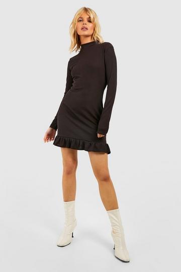 Rib Frill Hem Funnel Neck Dress chocolate