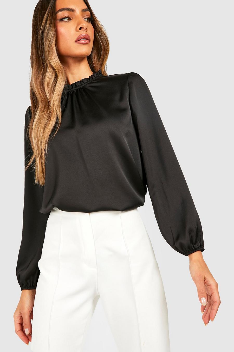 Black Satin Frill Neck Long Sleeve Woven Blouse image number 1