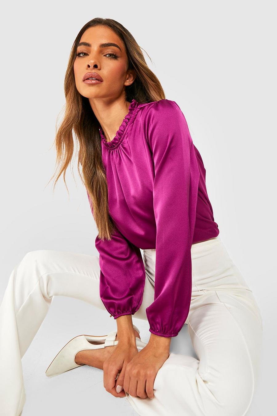 Magenta Satin Frill Neck Long Sleeve Woven Blouse image number 1