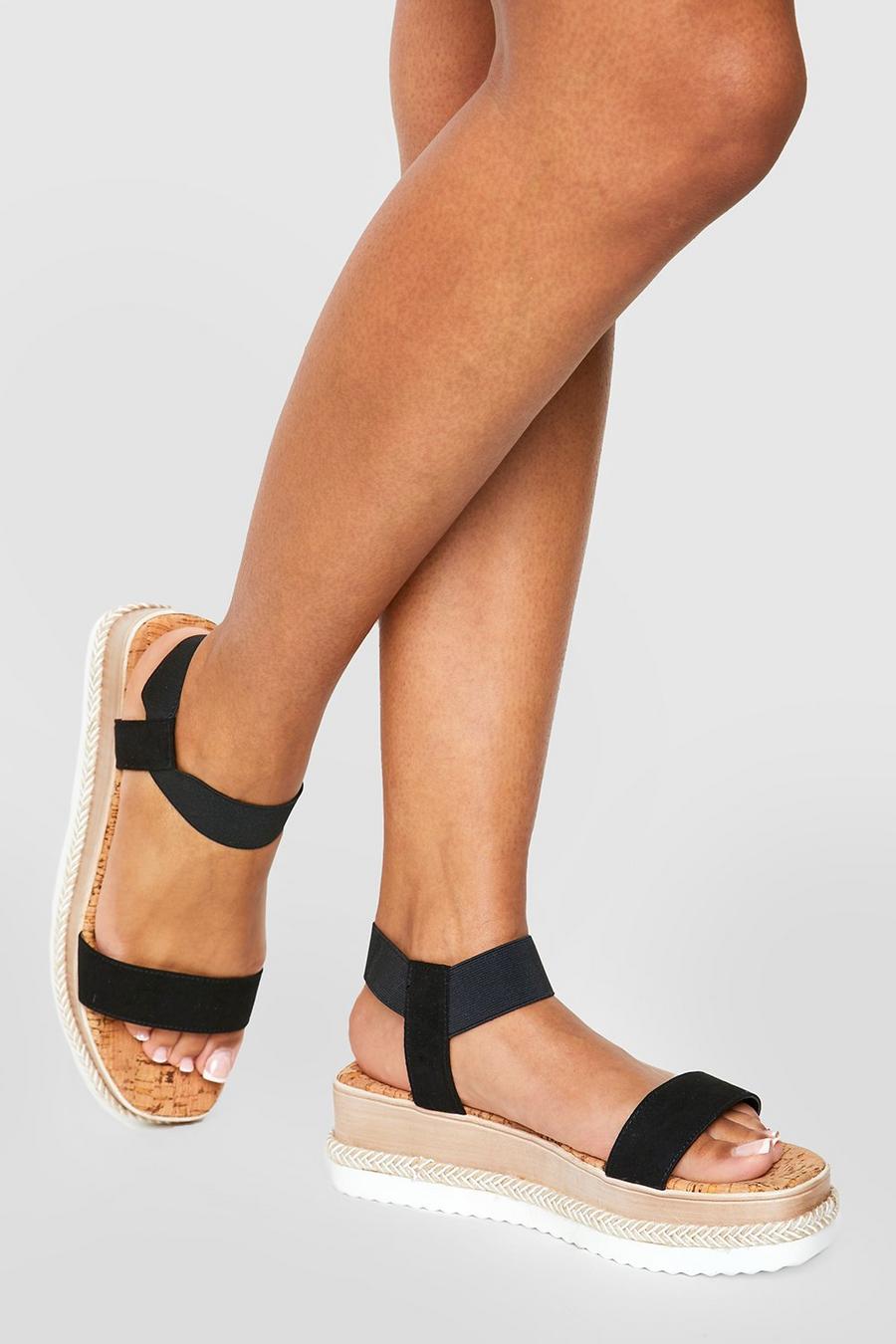 Black Elasticated Espadrille Detail Flatform Sandals image number 1