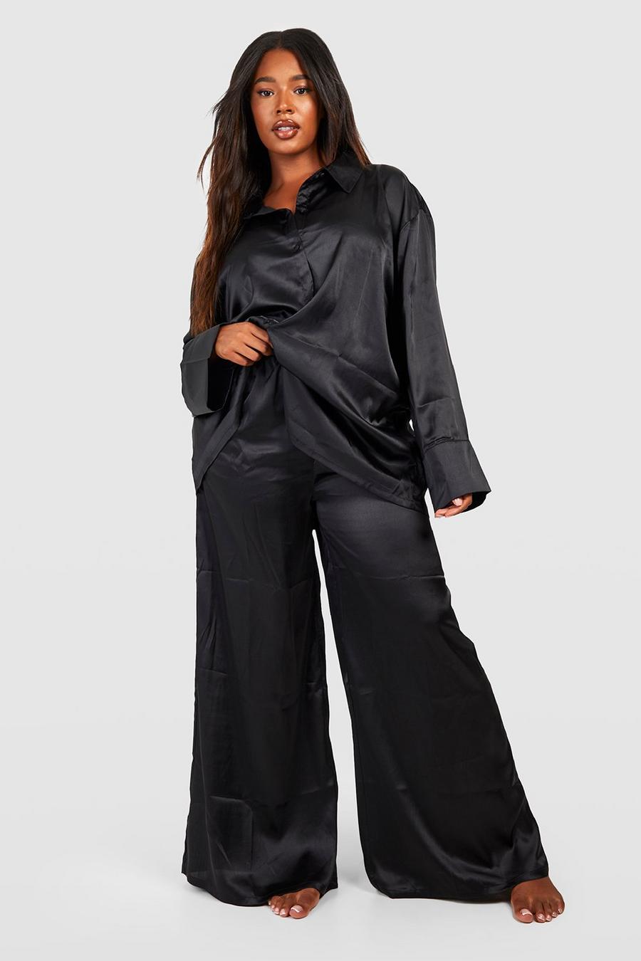 Black Plus Oversized Satin Pajama Shirt & Pants Set